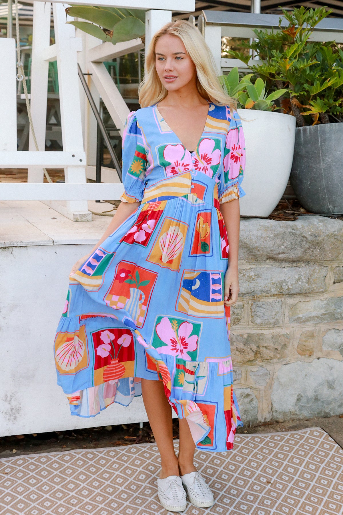 Beatrice Blue V-Neck Midi Dress