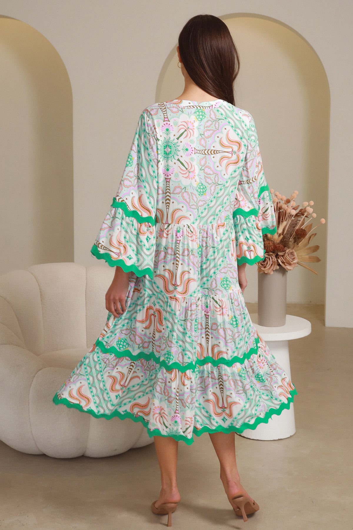 Luca Green 3/4 Sleeves Midi Dress