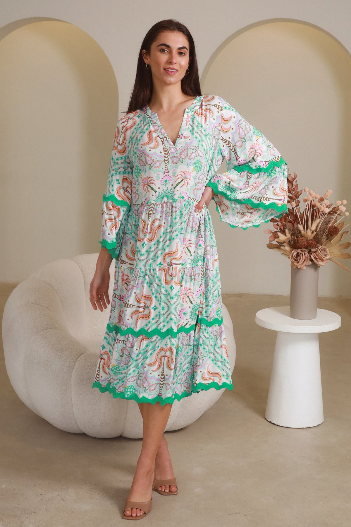 Luca Green 3/4 Sleeves Midi Dress