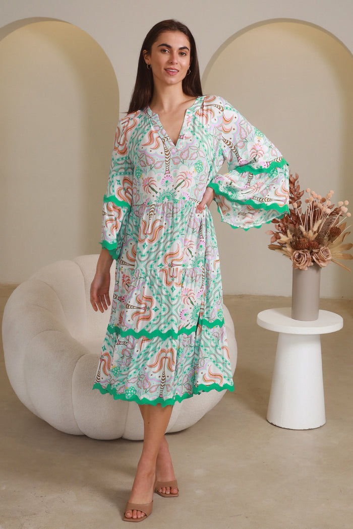 Luca Green 3/4 Sleeves Midi Dress