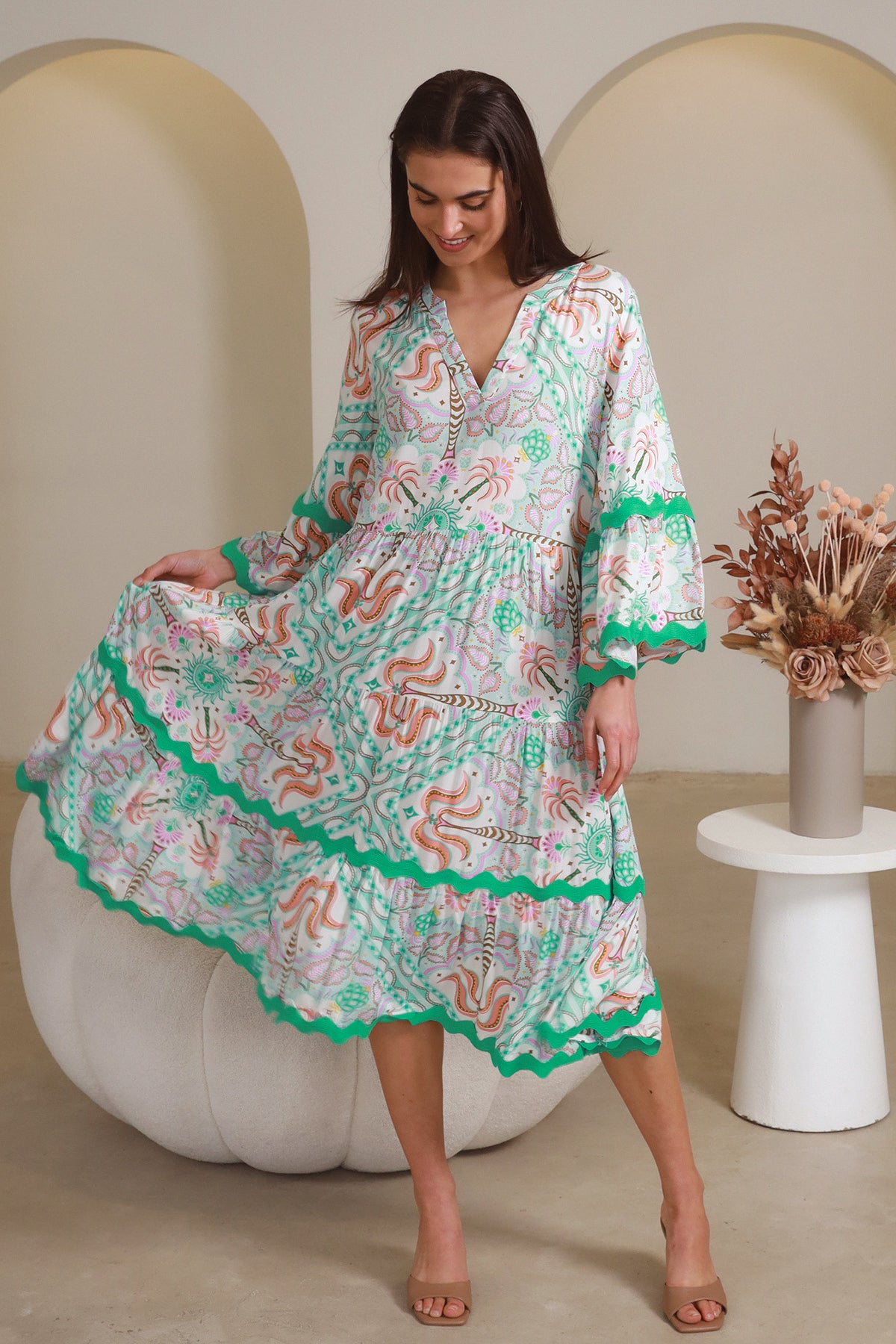 Luca Green 3/4 Sleeves Midi Dress