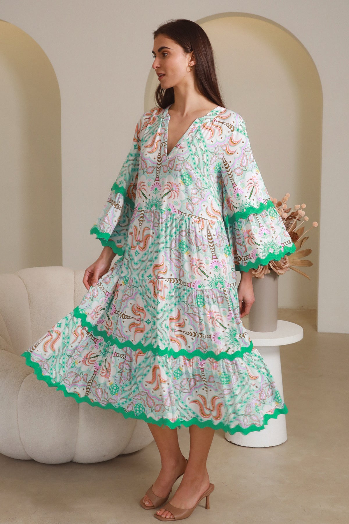 Luca Green 3/4 Sleeves Midi Dress