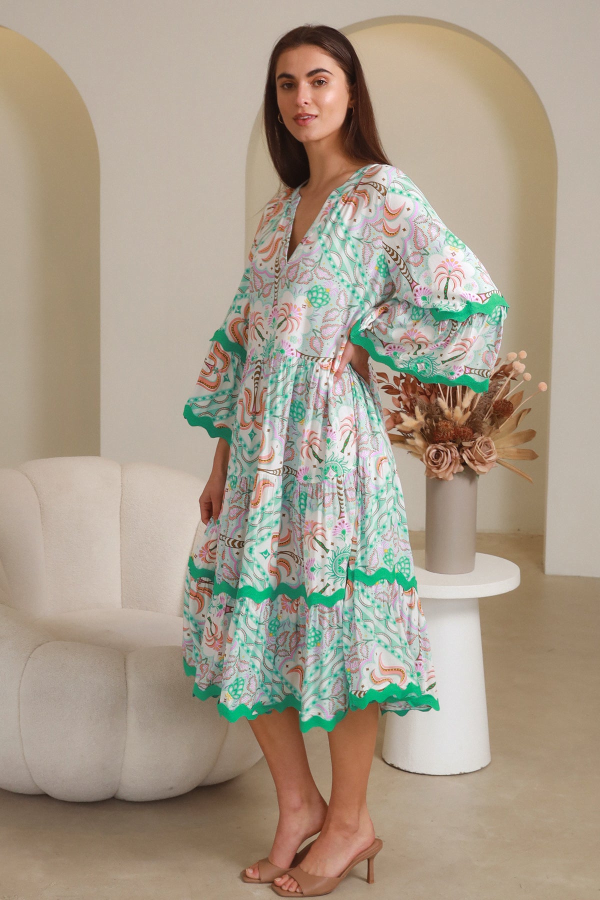 Luca Green 3/4 Sleeves Midi Dress