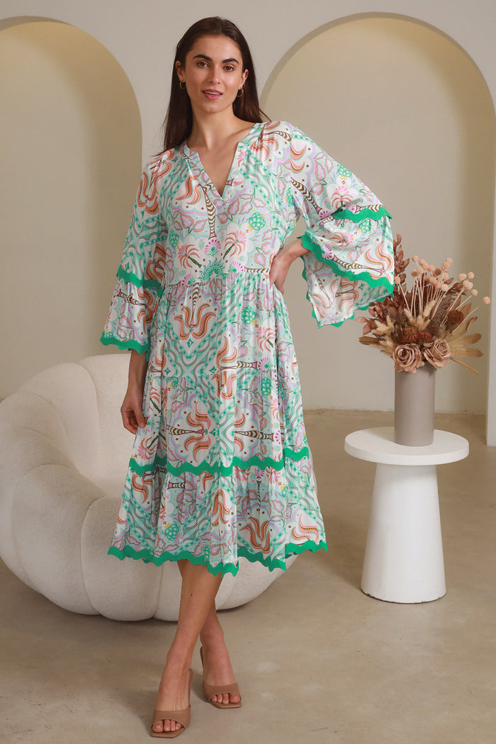 Luca Green 3/4 Sleeves Midi Dress